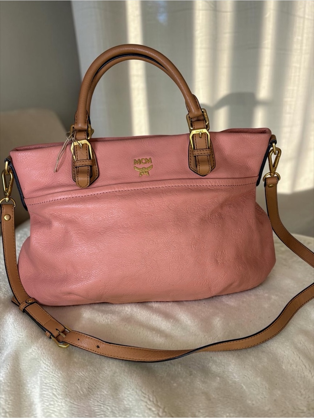 MCM Pink Leather Shoulder Bag with Tan Trim